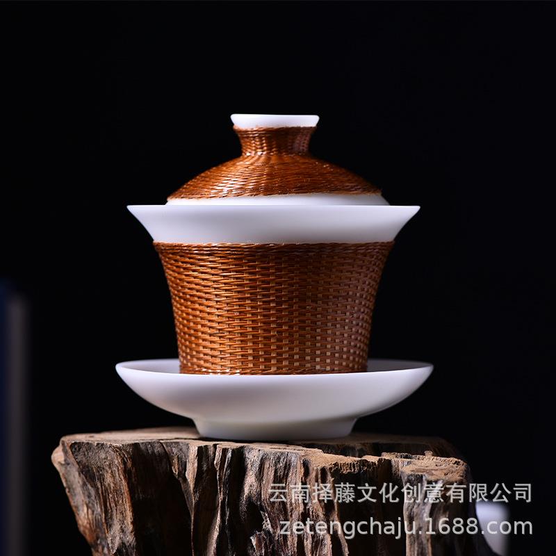 非遗竹丝扣瓷德化羊脂白玉瓷盖碗家用办公室主人杯品茗杯茶具套装