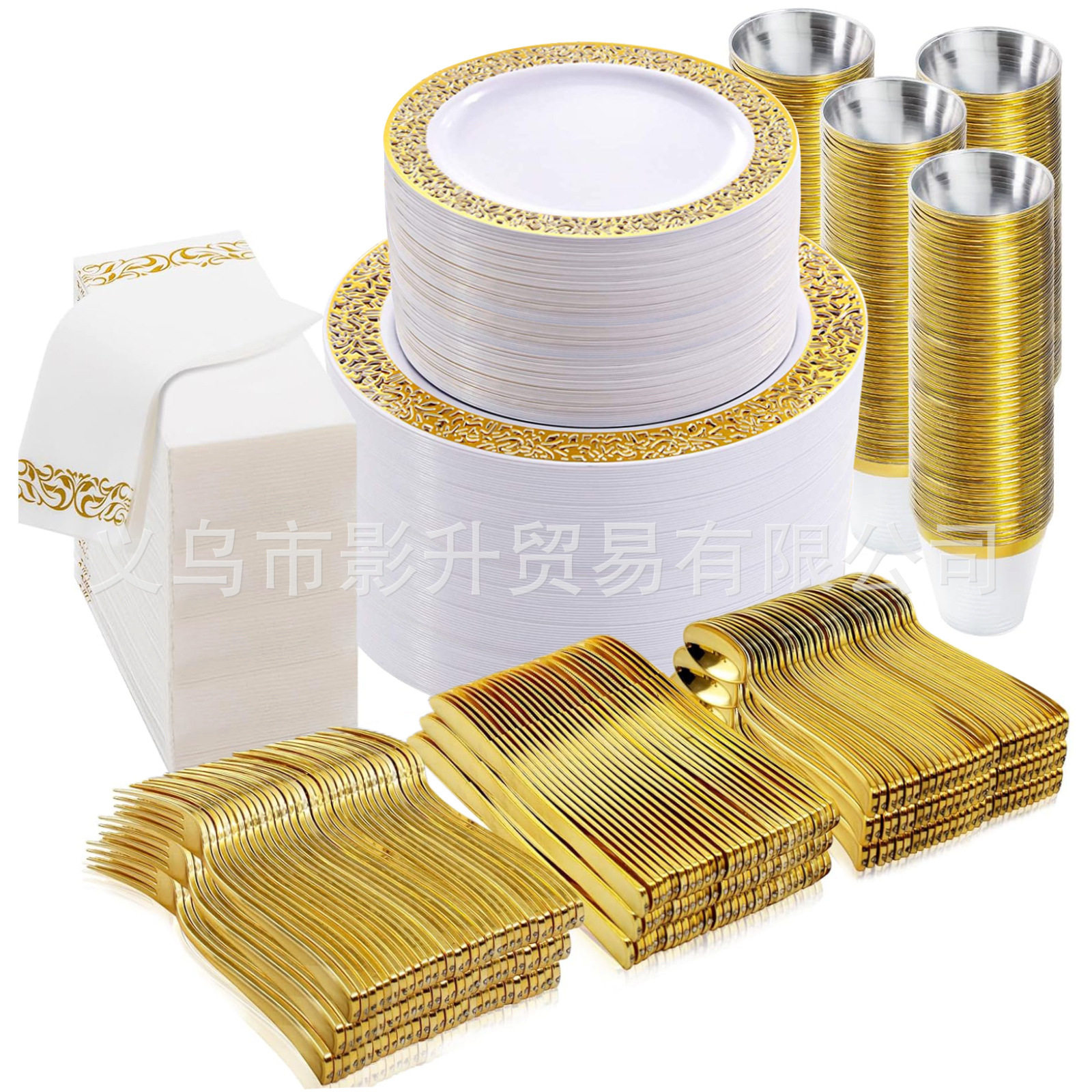 700PCS现货套装镂空金边塑料盘7寸10寸一次性餐盘刀叉勺派对餐具