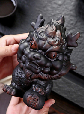 紫陶招财麒麟摆件客厅办公室桌面轻奢陶瓷家居装饰品茶宠可养精品