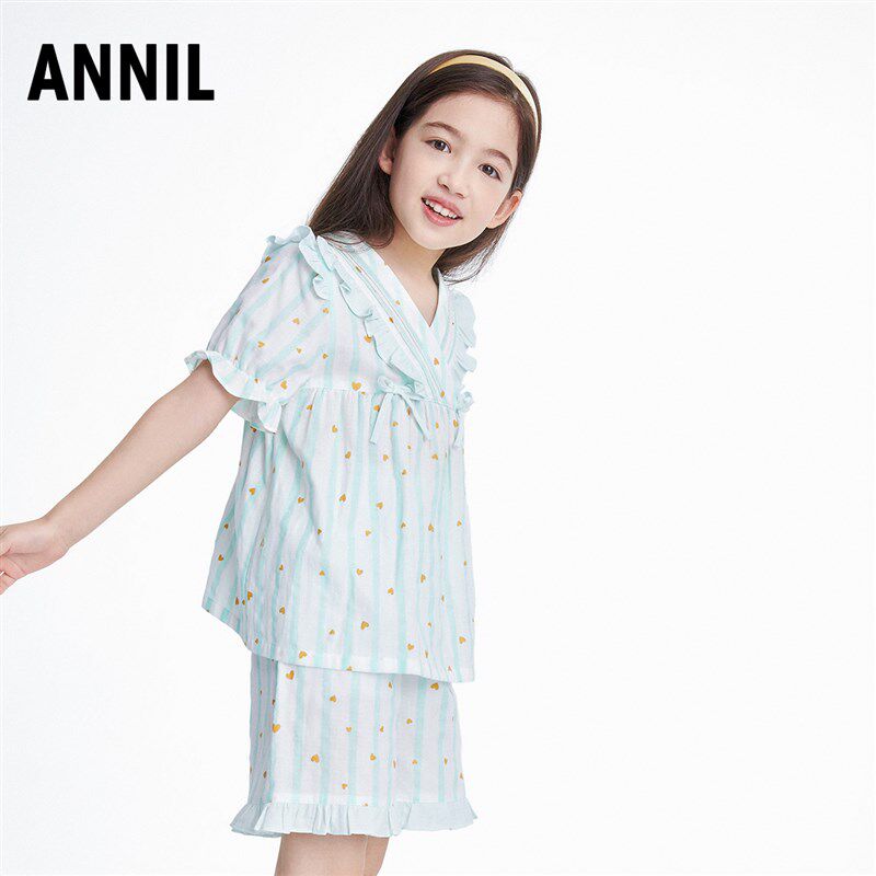 安奈儿女童装短袖短裤家居服套装夏季款纯棉V翻领睡衣睡裤