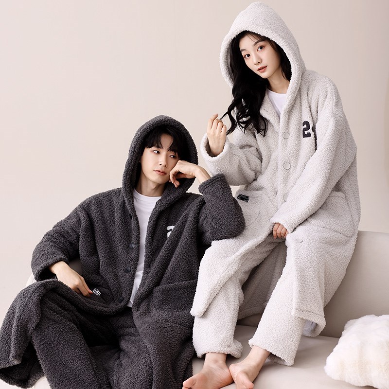 半边绒情侣睡衣秋冬季长袍睡袍套装浴袍软绵绵男珊瑚绒家居服女款