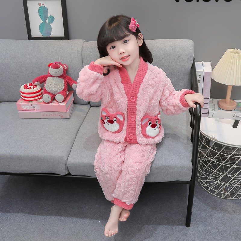女童法兰绒睡衣秋冬季珊瑚女孩宝宝保暖加厚儿童网红家居服套装