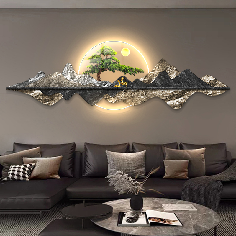 迎客松客厅装饰画背有靠山大气沙发背景墙挂画LED灯发光山水壁画