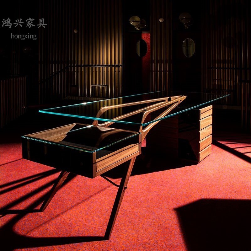 北美黑胡桃原木书桌北欧简约时尚玻璃造型办公桌设计师办公台高档