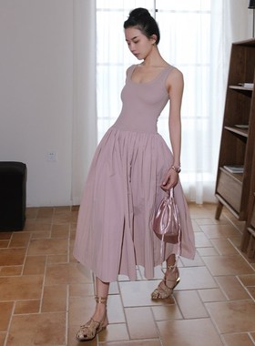 MOONA 芭蕾仙灵 无袖粉色连衣裙女修身气质中腰背心针织吊带长裙