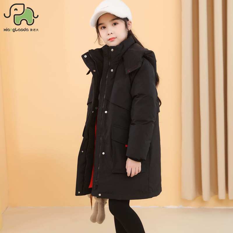象老大女童羽绒服中长款加厚红色中大童冬装儿童活里活面外套洋气