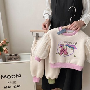 裤 女童2023长袖 洋派休闲加厚厚棉T 秋冬新款 子时髦两件套 加绒套装