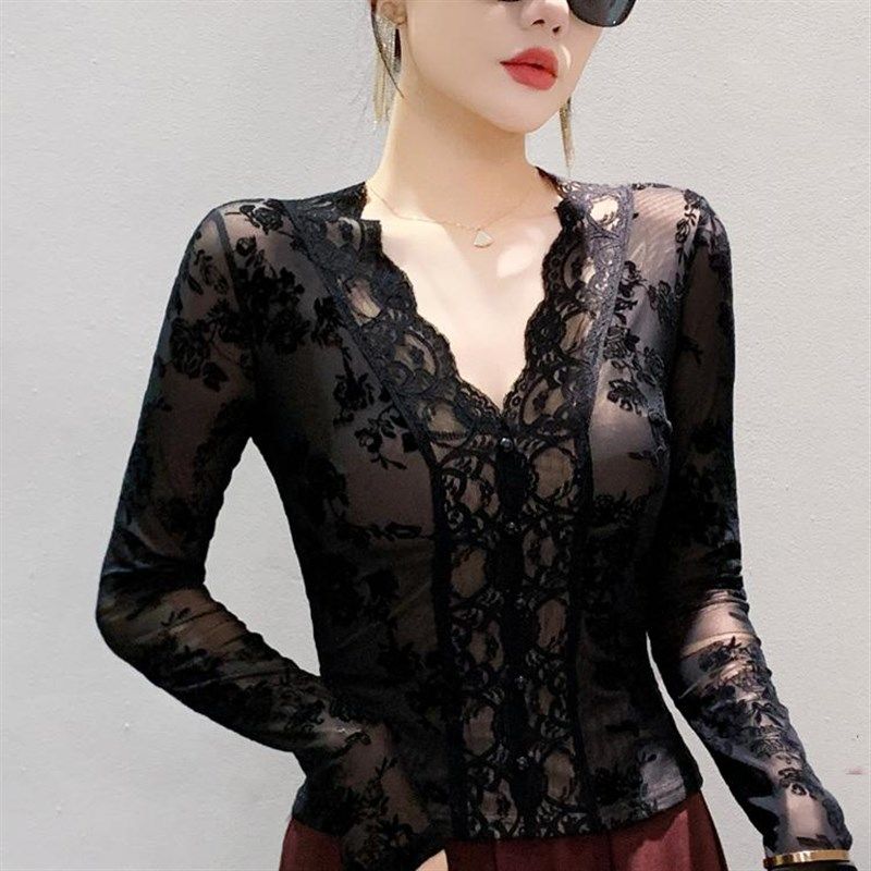 秋冬加绒加厚打底衫女修身内搭长袖T恤设计感V领蕾丝上衣洋气小衫