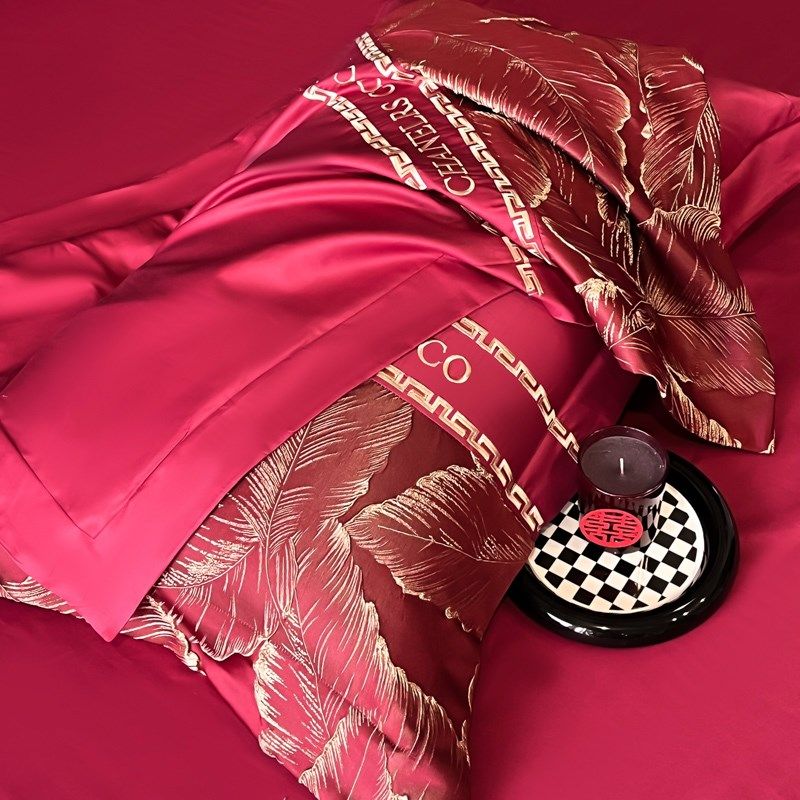 中式结婚四件套红色被套100S长绒棉纯棉被罩婚庆陪嫁床单床上用品