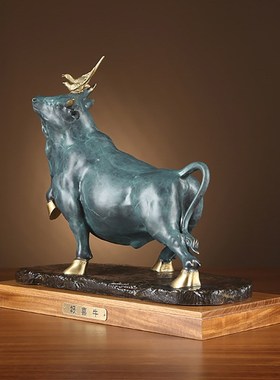 纯铜牛摆件彩铜《报喜牛》牛年家居装饰品客厅办公室开业礼品摆件