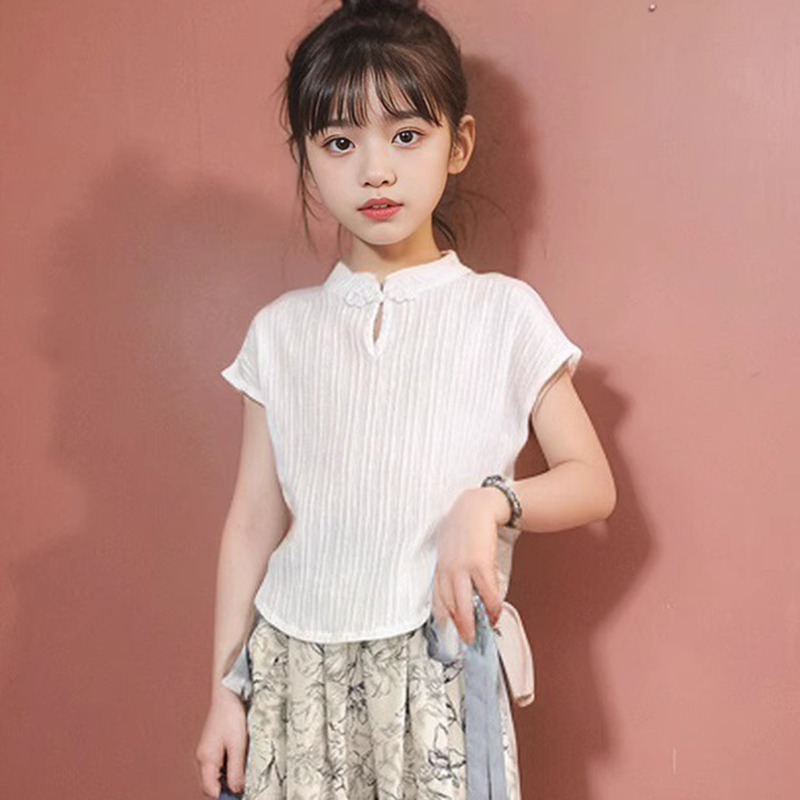 女童新中式无袖T恤夏季薄款上衣时尚复古短袖盘扣修身儿童中国风
