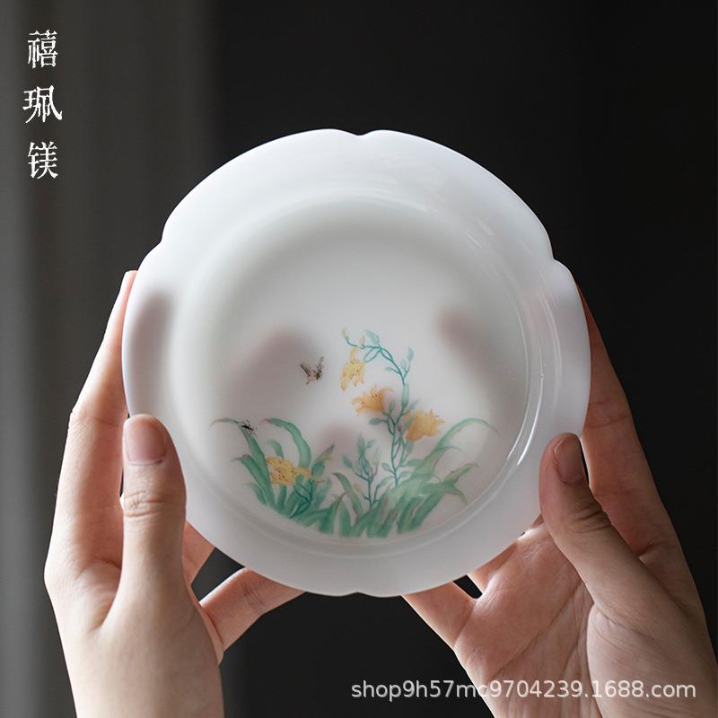 禧珮镁冰种玉瓷手绘花口壶承花开干泡茶具配件白瓷茶托茶盘壶托