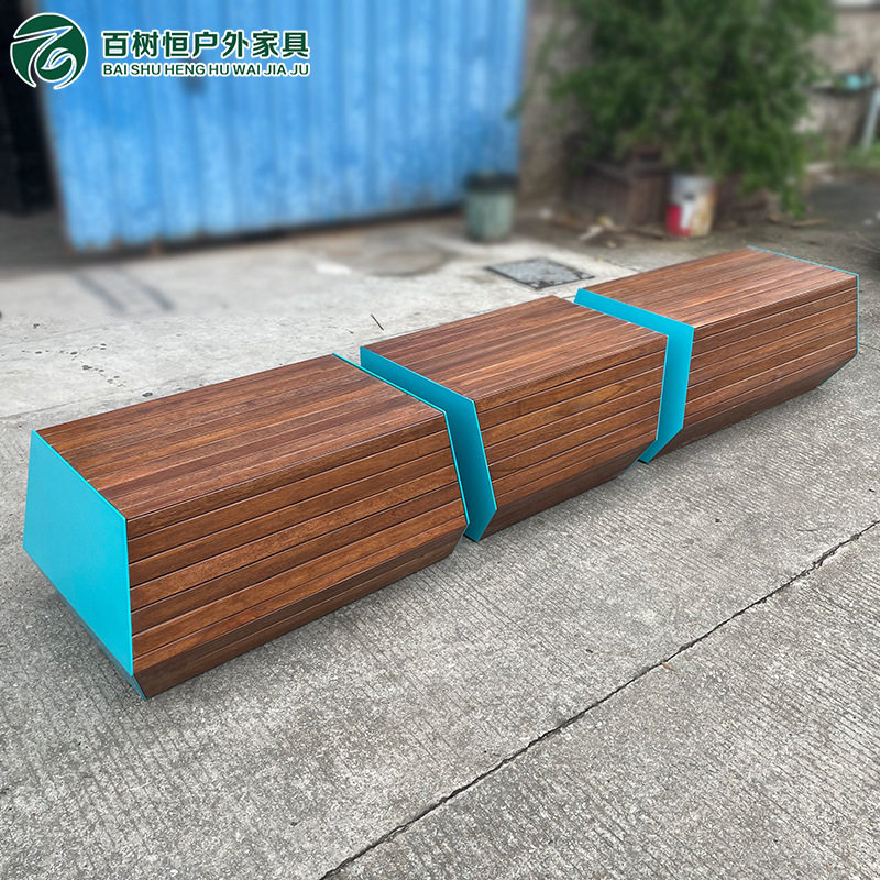 户外不锈钢板坐凳椅花园市政公共广场长条凳子长椅实木家具海棠