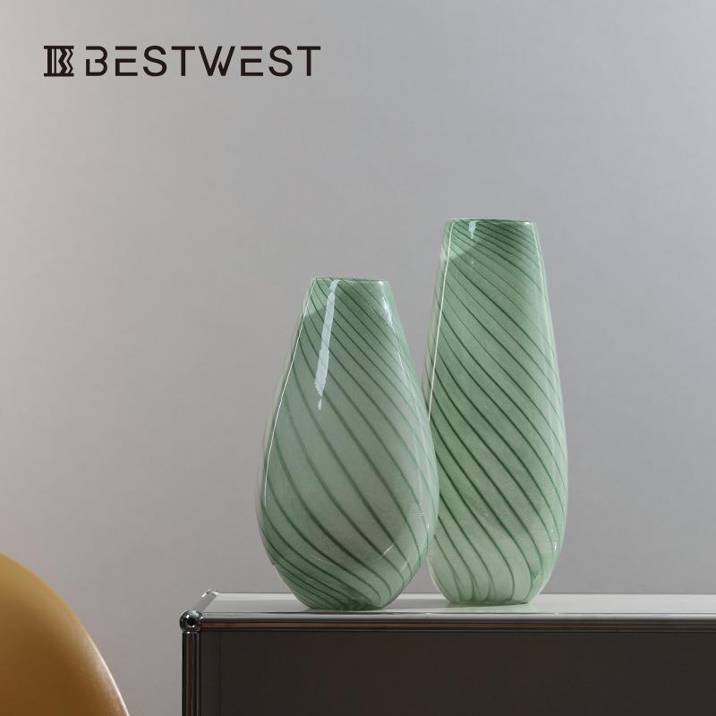 Bestwest绿色春笋条纹水培小口玻璃花瓶摆件家居软装装饰品花器