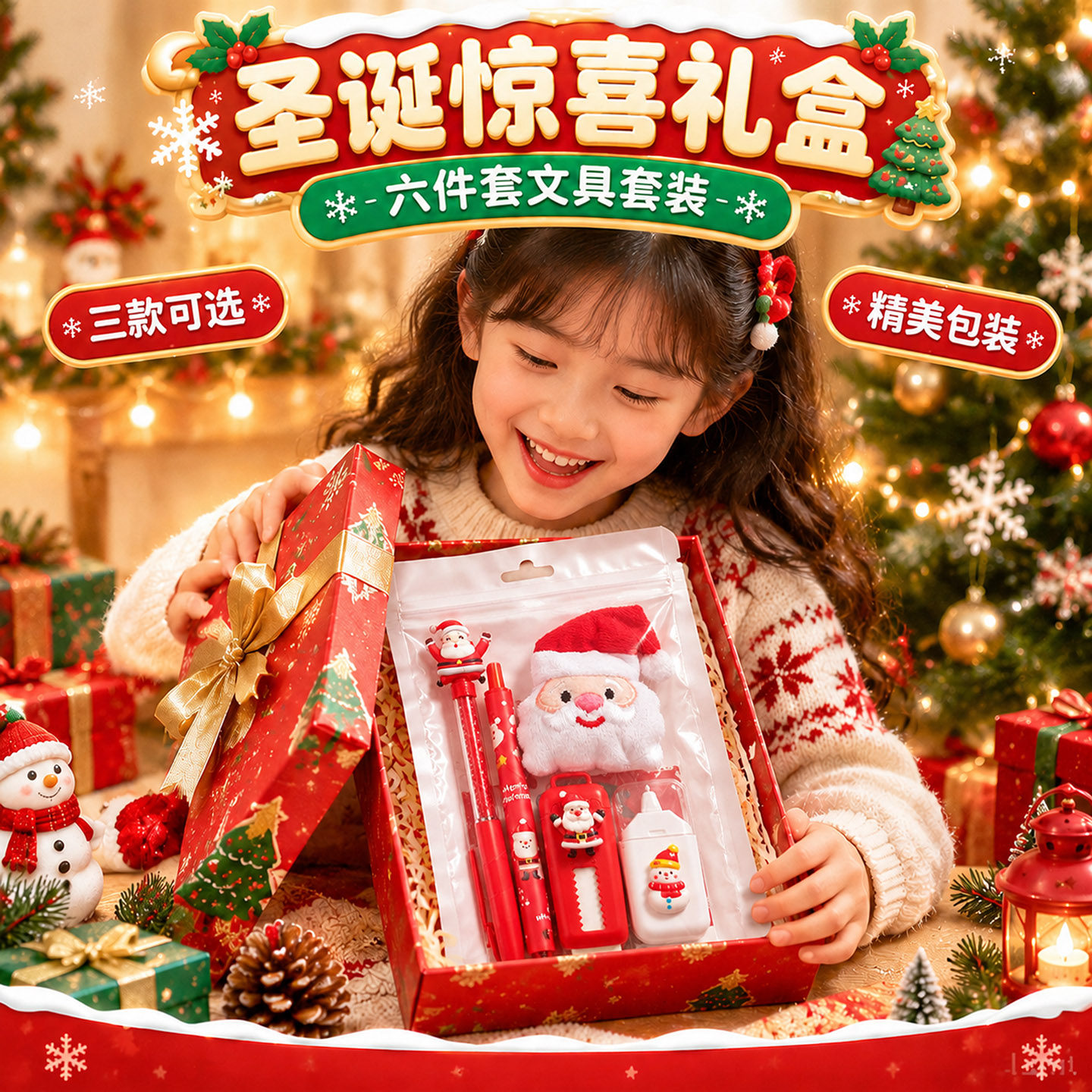 2026新款儿童圣诞节文具套装六件套圣诞盲盒盲袋高档礼盒小学生伴手礼送孩子的实用学习用品小礼品节日小礼物