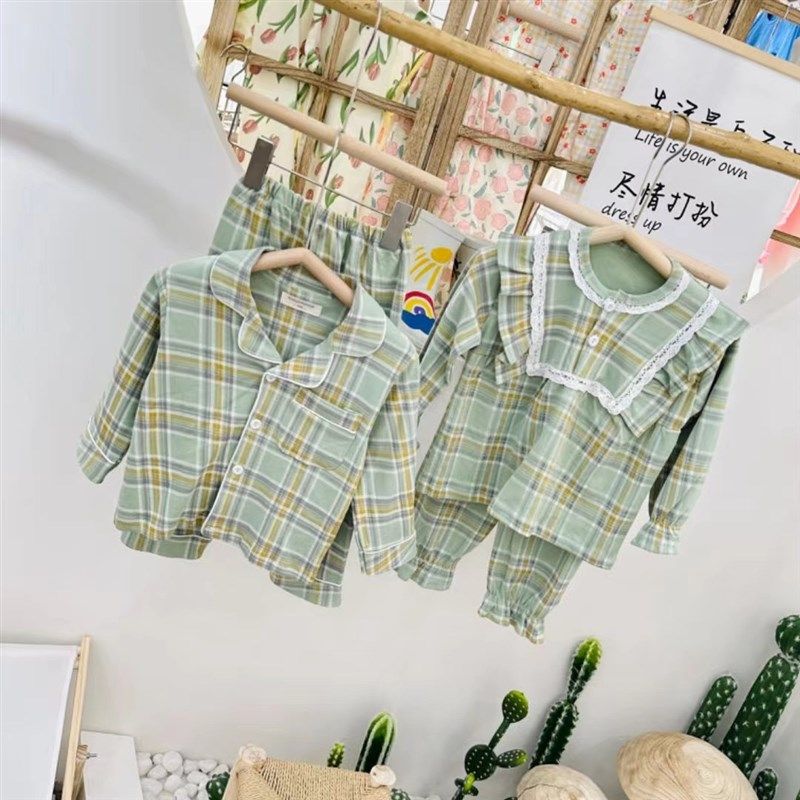 果果一诺复古格子兄妹款对开长袖儿童家居服男女宝宝纯棉睡衣套装,童装/婴儿装/亲子装,家居服套装,淘宝优惠券,粉丝福利购,淘宝优惠卷