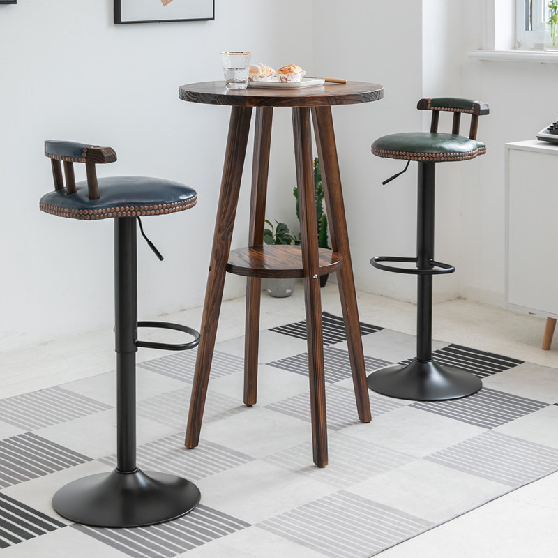 美式酒吧桌椅复古高脚凳组合咖啡厅实木碳化圆桌子休闲前台凳子