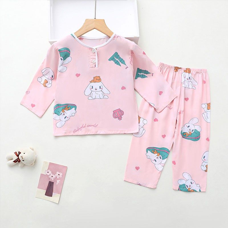 儿童棉绸睡衣套装男童女童小孩长袖绵绸家居服夏季薄款卡通空调服
