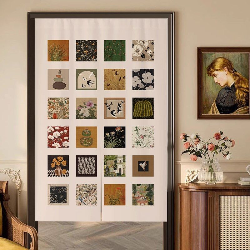 美式门帘中古卧室布帘高级感复古隔断帘免打孔厨房半帘遮挡帘定制