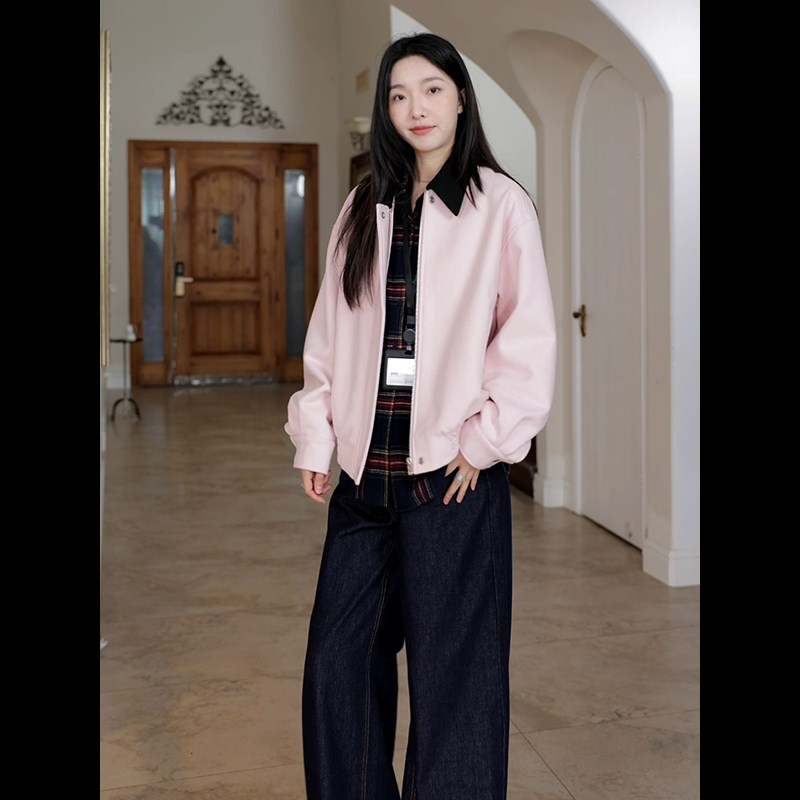 郭九九呢 复古撞色拼接翻领粉色夹克外套秋季百搭上衣阔腿牛仔裤