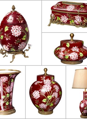 欧式红色陶瓷镶铜装饰储物罐盖坛客厅茶几花瓶纸巾盒卧室摆件