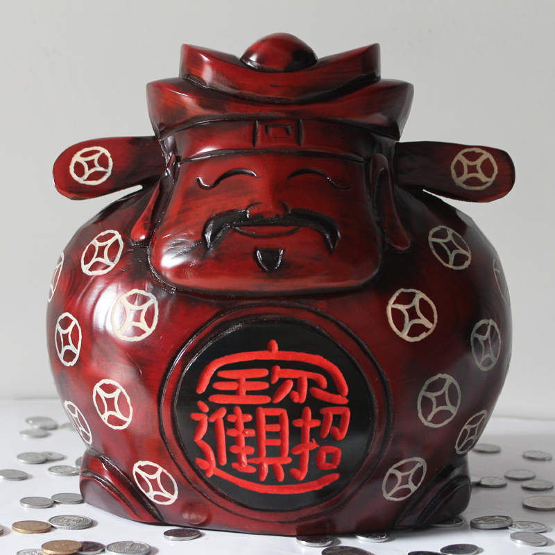 实木招财财神爷存钱罐摆件创意礼物工艺品开业送礼木质投币储蓄罐