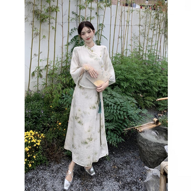 大码胖mm玉生烟禅意新中式国风旗袍上衣半身裙女改良茶服两件套装