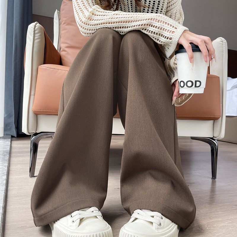 安可拉红高级感西装阔腿裤女秋季新款高腰垂感小个子窄版直筒裤子