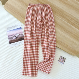 情侣睡裤女春秋季纯棉平布男简约休闲格子夏季薄款家居裤直筒长裤