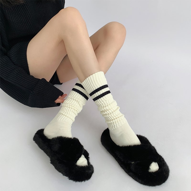 夜间教习室小腿袜女春秋白色坑条粗线袜子灰色条纹jk袜中筒堆堆袜