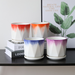 多边形花盆陶瓷带托盘发财树白掌绿萝植物多肉客厅阳台桌面花盆