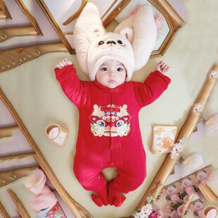 婴儿衣服秋冬新款薄棉满月服抓周礼服宝宝连体衣夹棉红色过年喜庆