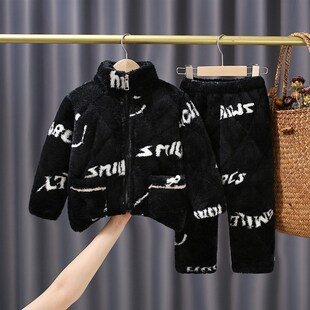 冬季男女童拉炼款夹棉宝宝三层超厚长毛绒家居珊瑚绒儿童睡衣套装