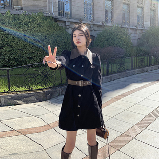 2023秋冬新款显瘦收腰含腰带御姐灯芯绒闺蜜裙中长款黑色连衣裙女