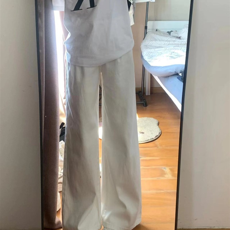 高腰白色直筒牛仔裤女夏前开袋褶皱设计垂感宽松显瘦阔腿拖地裤子