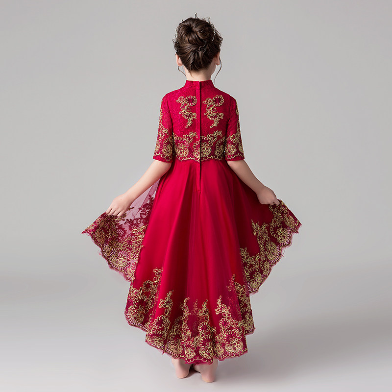 中国风花童礼服红色公主裙女童生日中式儿童主持人钢琴演出服秋冬
