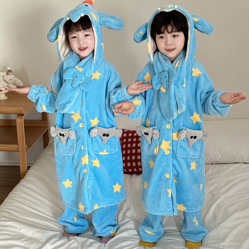 侘町2024年新款笨笨大象儿童秋冬季法兰绒睡袍男女童中大童家居服