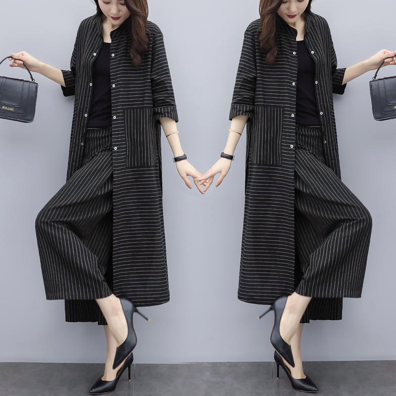 2021早秋装女新款大码显瘦条纹开衫上衣阔腿裤时尚两件套套装洋气