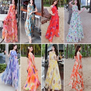 波西米亚度假沙滩裙挂脖长裙 长款 新款 吊带碎花雪纺连衣裙大码