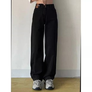 女200斤胖妹妹显瘦高腰直筒阔腿裤 高腰黑色牛仔裤 子 女装 胖mm大码