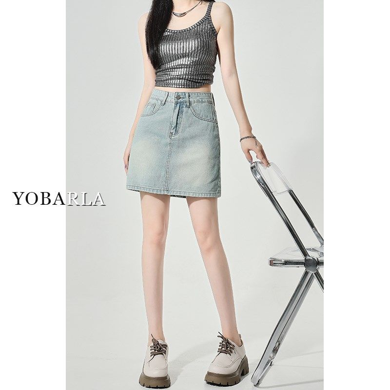 浅色牛仔短裙女夏季新款胖mm大码遮肚高腰显瘦梨形身材a字半身裙