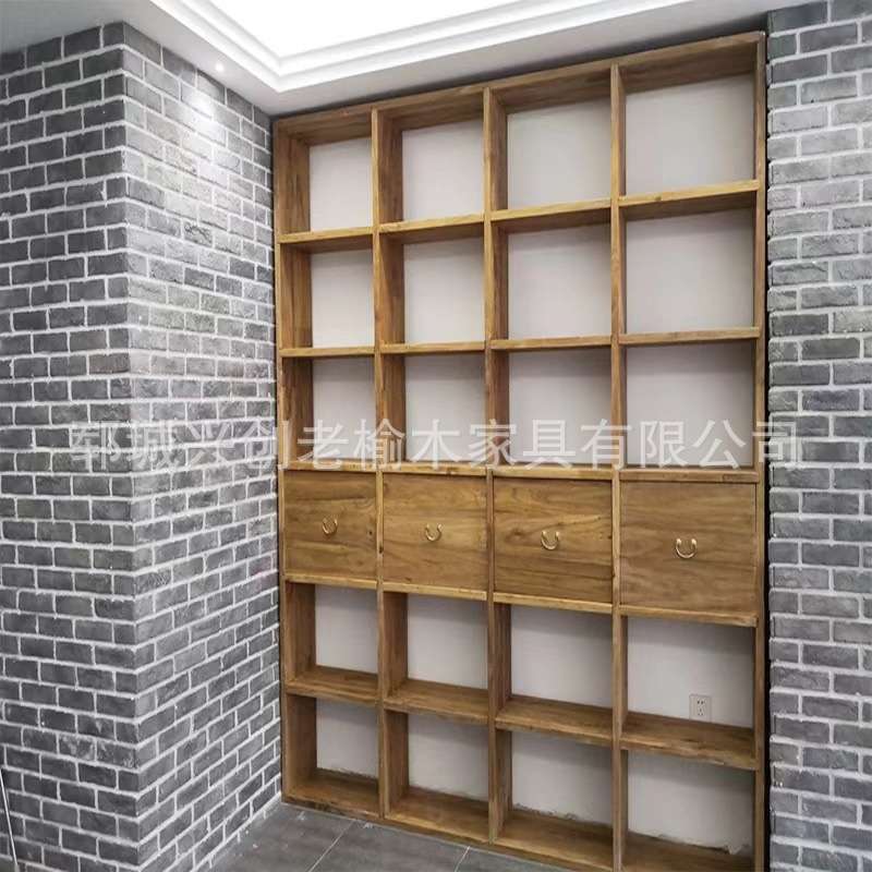 新中式实木书柜老榆木满墙书架漫咖啡隔断落地置物架茶具格子架