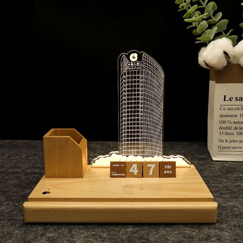 创意多功能无线充笔筒3D小夜灯企业建筑周年奖杯来图制作礼品台灯