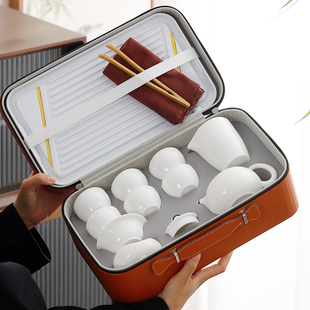 便携功夫茶具套装 户外白瓷旅行茶具露营泡茶茶壶茶盘收纳2023新款