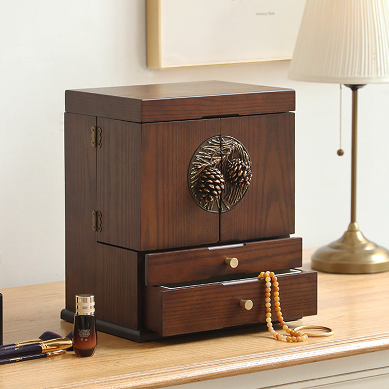 化妆品收纳盒大容量护肤品梳妆台桌面防I尘置物架木家用带镜子一