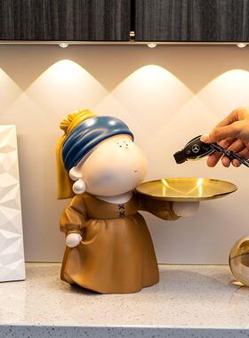 戴珍珠耳环女孩摆件进门口托盘玄关钥匙收纳架桌面装饰乔迁礼物