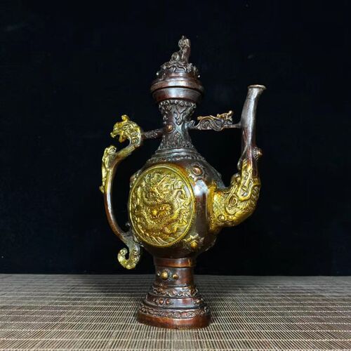 仿古纯铜藏传浮雕龙购酒壶水壶老对象藏传贲巴壶酥油W壶家居装饰