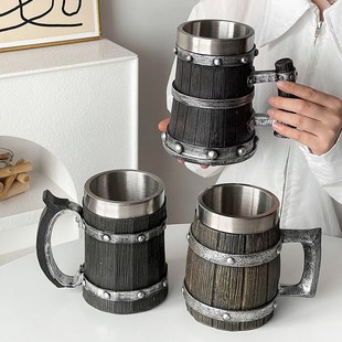 带把仿真木桶啤酒杯轻奢r高档不锈钢果茶水杯复古创意大容量扎啤