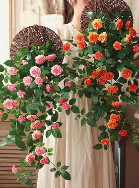 墙面挂饰仿真月季玫瑰绿植塑料假花壁挂装饰花藤T室内仿真花墙植