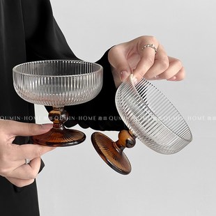 棕色条纹玻璃杯欧式 趣皿 高颜值水晶D高脚杯子家用收藏ins风甜品